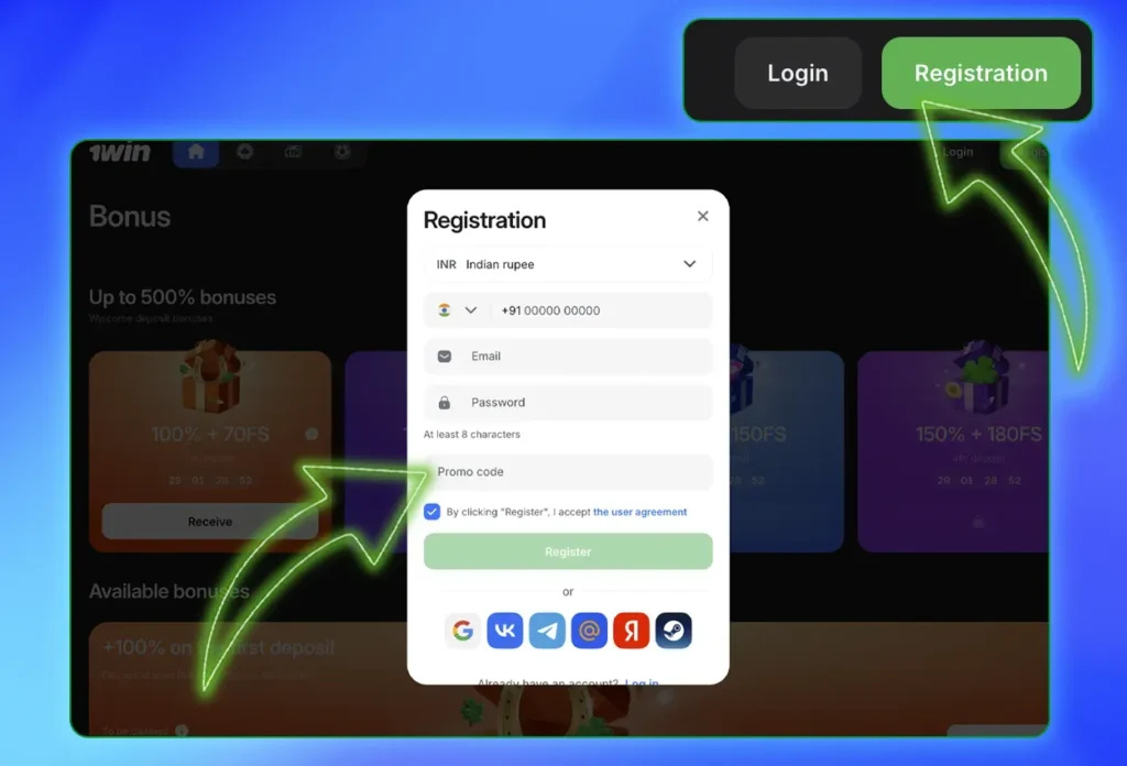 Register and get a bonus at 1win India